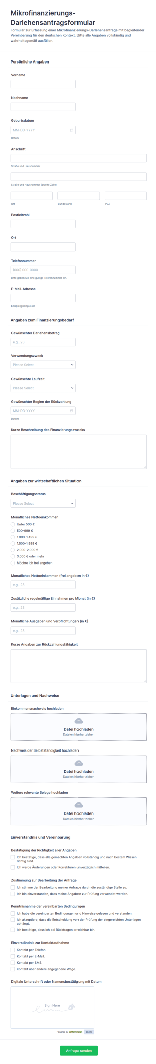 Mikrofinanzierungsantrag Und Vereinbarung Formular