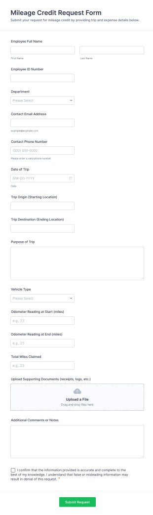 Mileage Credit Request Form Template