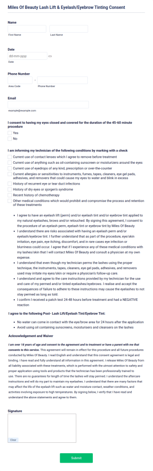 Miles Of Beauty Lash Lift & Tint Consent Form Template