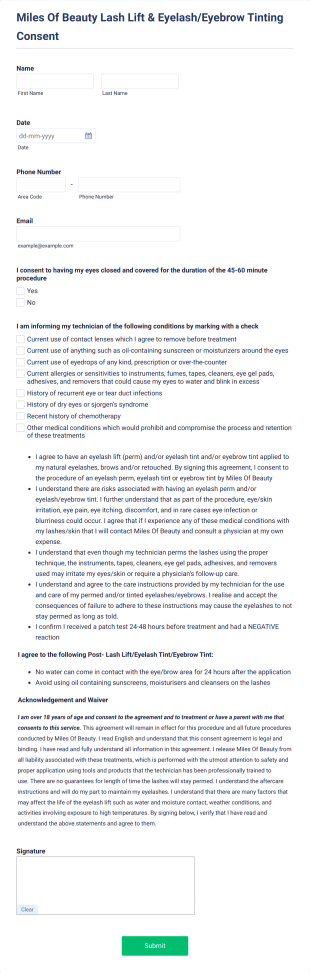 Miles Of Beauty Lash Lift & Tint Consent Form Template