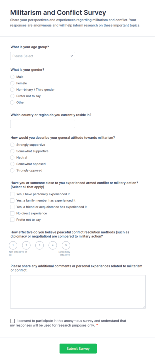 Militarism And Conflict Survey Form Template