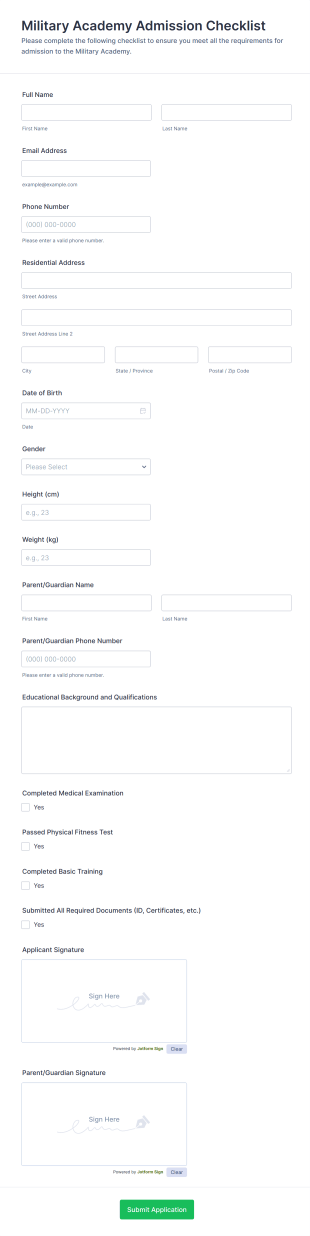Military Academy Admission Checklist Form Template