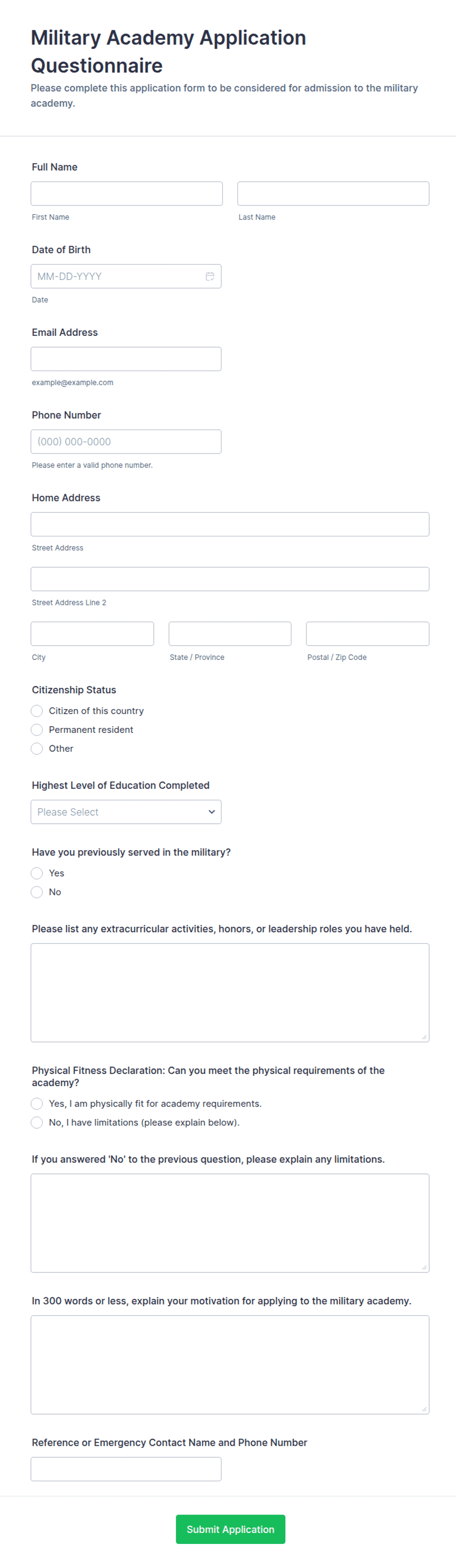 Military Academy Application Questionnaire Form Template | Jotform