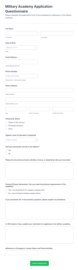 Military Academy Application Questionnaire Form Template