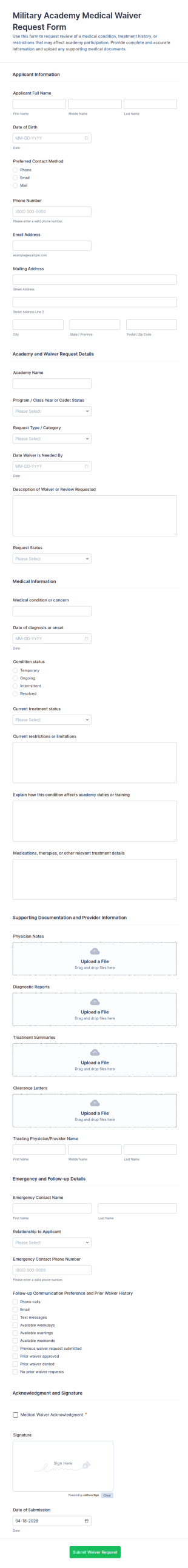 Military Academy Medical Waiver Request Form Template