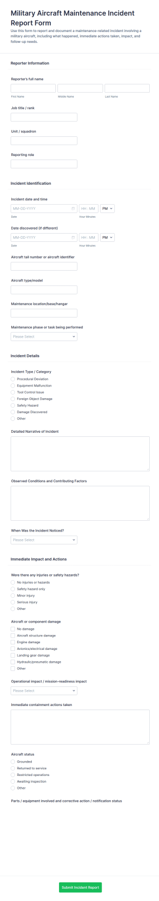 Military Aircraft Maintenance Incident Report Form Template