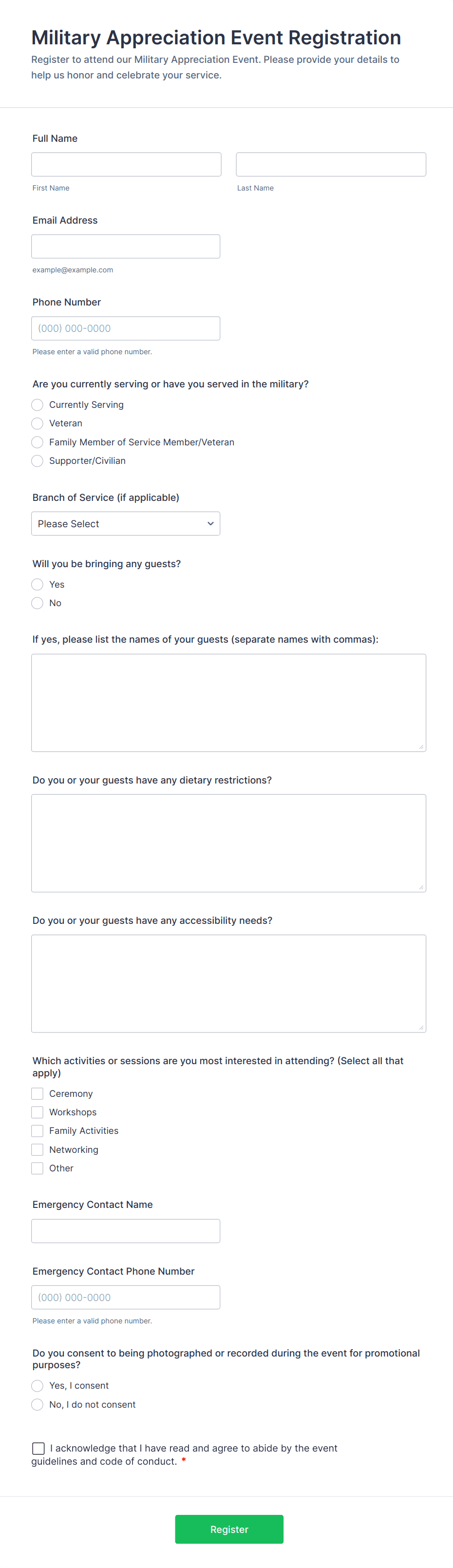 Military Appreciation Event Registration Form Template | Jotform