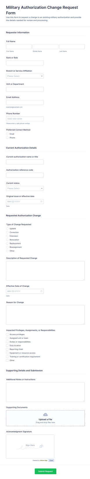Military Authorization Change Request Form Template