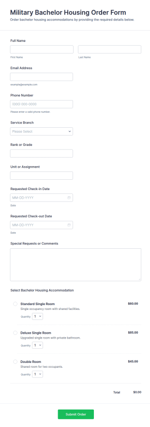 Military Bachelor Housing Order Form Template