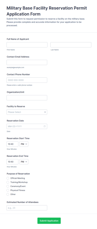 Military Base Facility Reservation Permit Application Form Template
