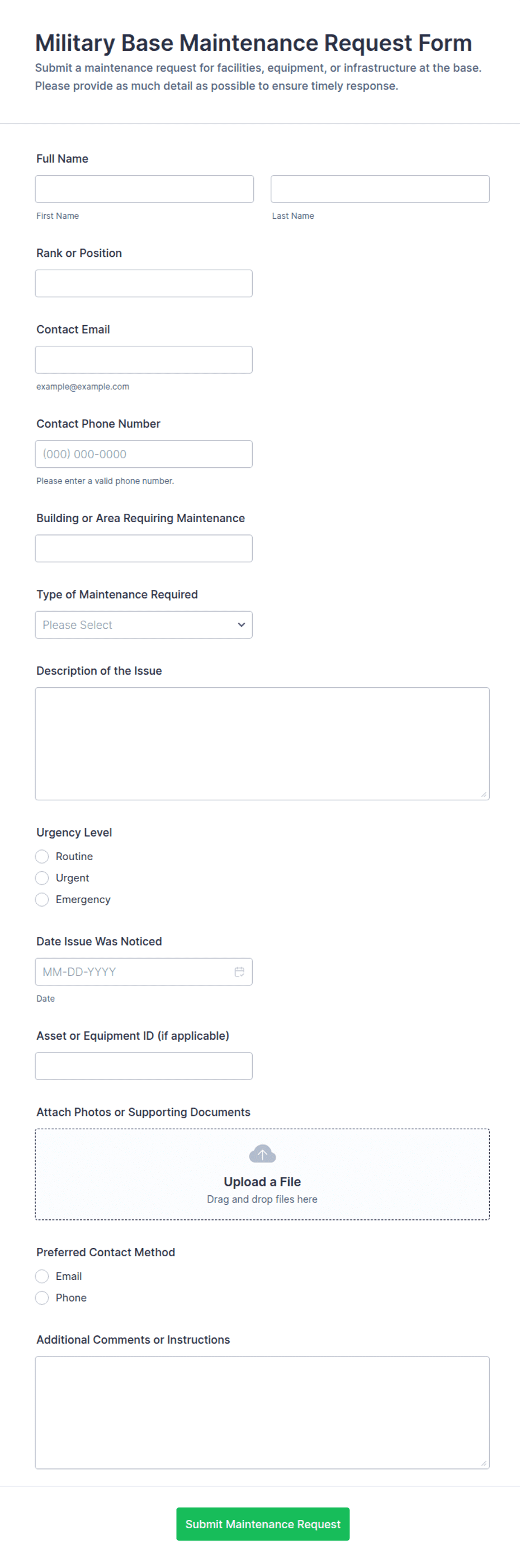 Military Base Maintenance Request Form Template | Jotform