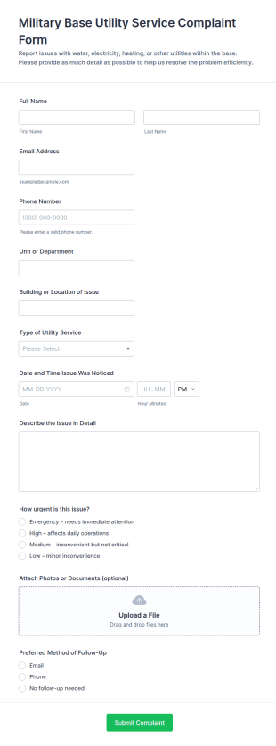Military Base Utility Service Complaint Form Template