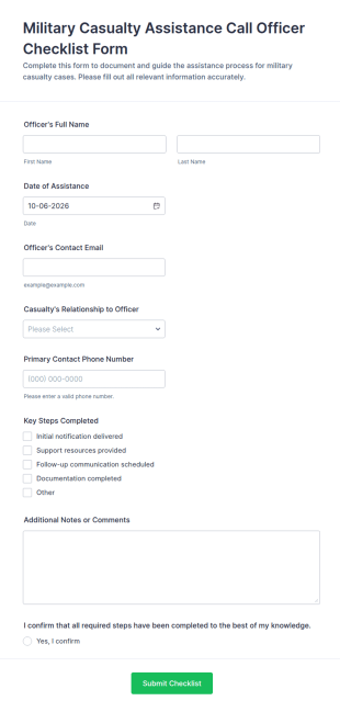 Military Casualty Assistance Call Officer Checklist Form Template