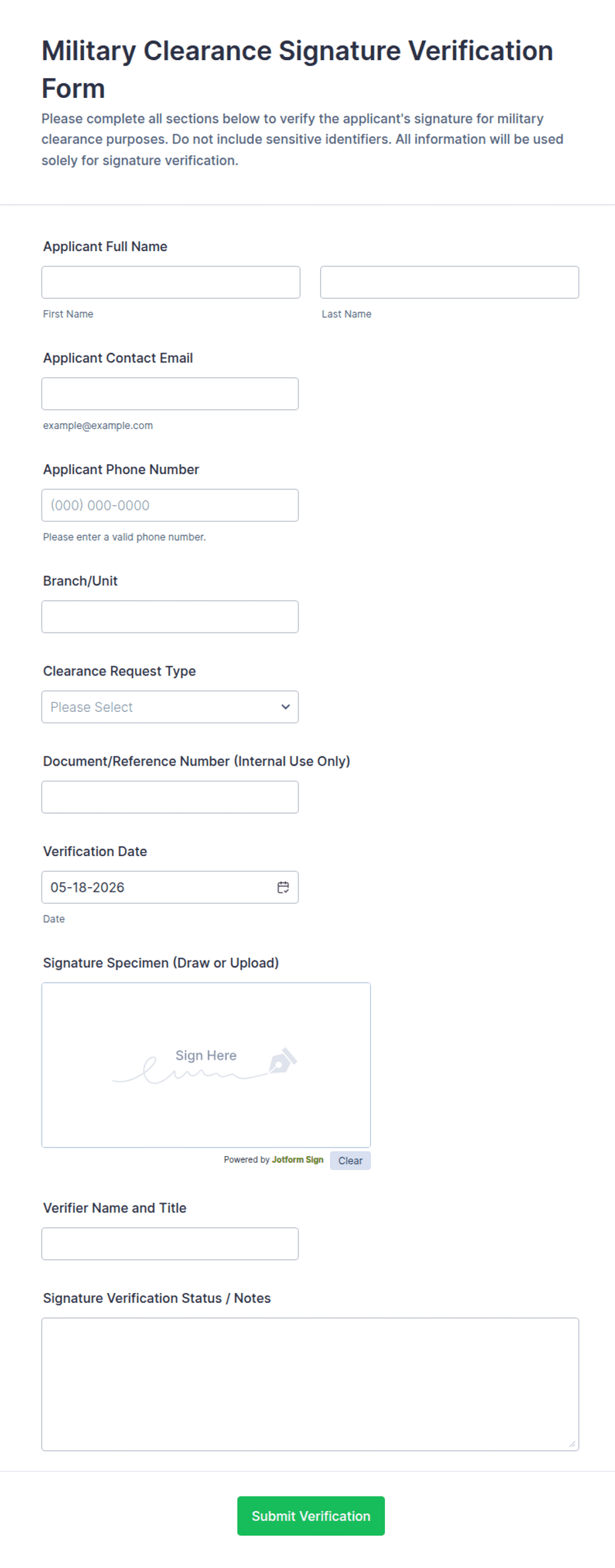 Military Clearance Signature Verification Form Template | Jotform