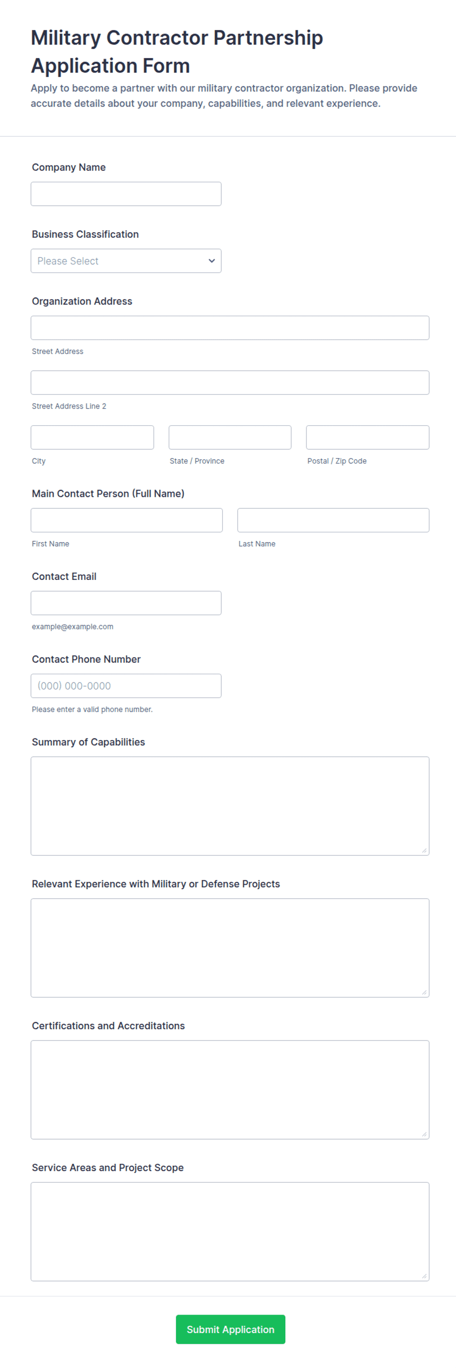 Military Contractor Partnership Application Form Template | Jotform