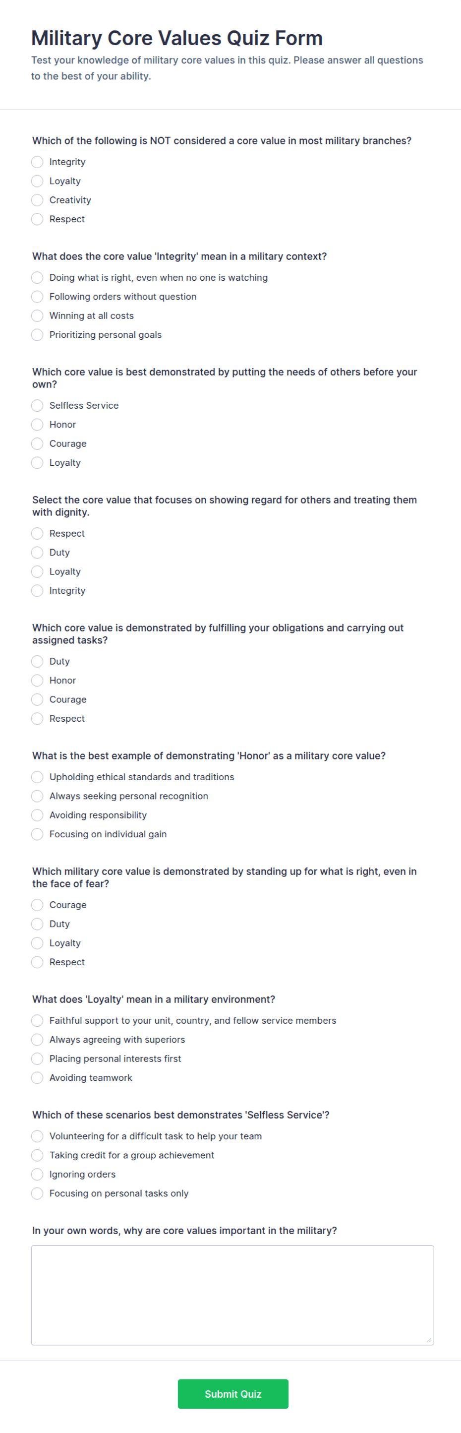 Military Core Values Quiz Form Template | Jotform