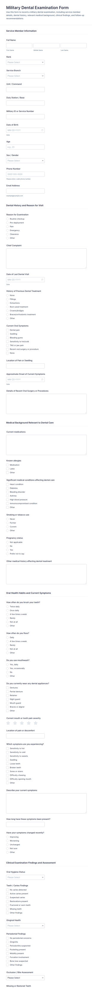 Military Dental Examination Form Template