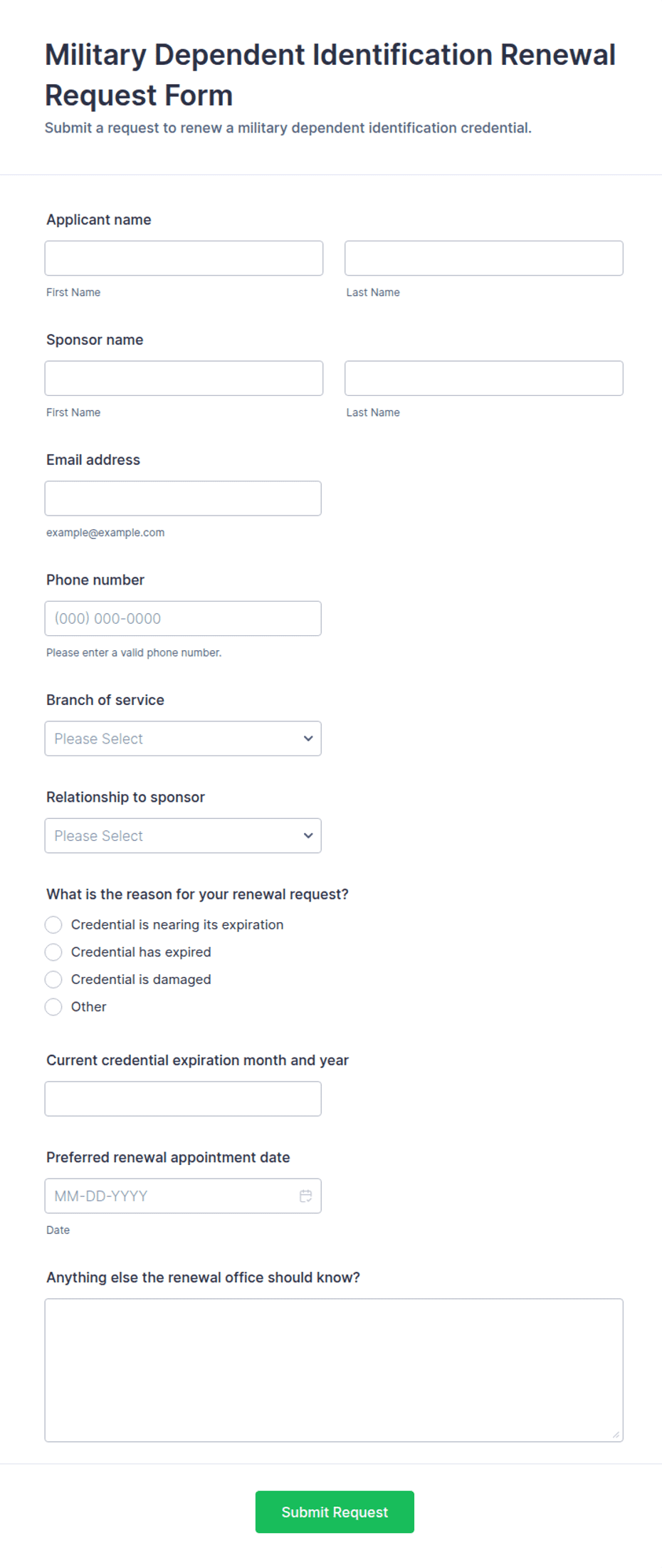 Military Dependent ID Card Renewal Request Form Template | Jotform