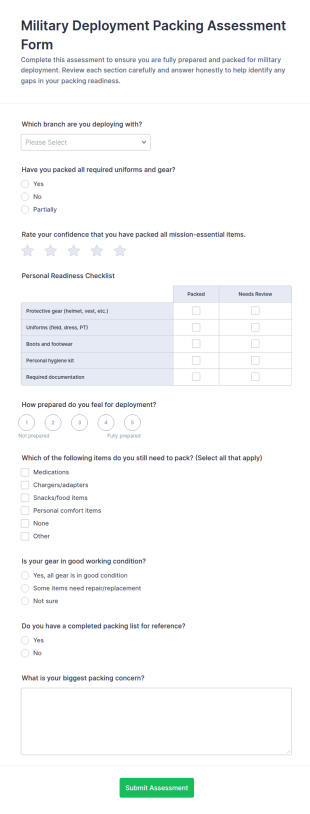 Military Deployment Packing Assessment Form Template