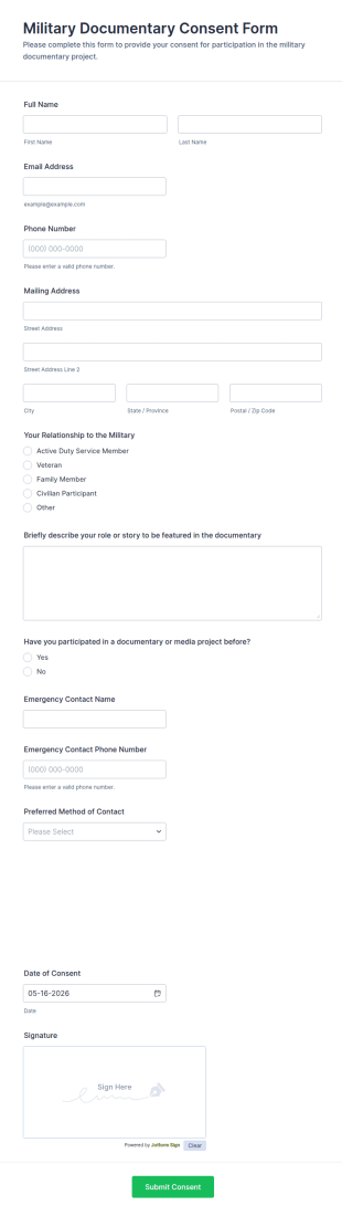 Military Documentary Consent Form Template