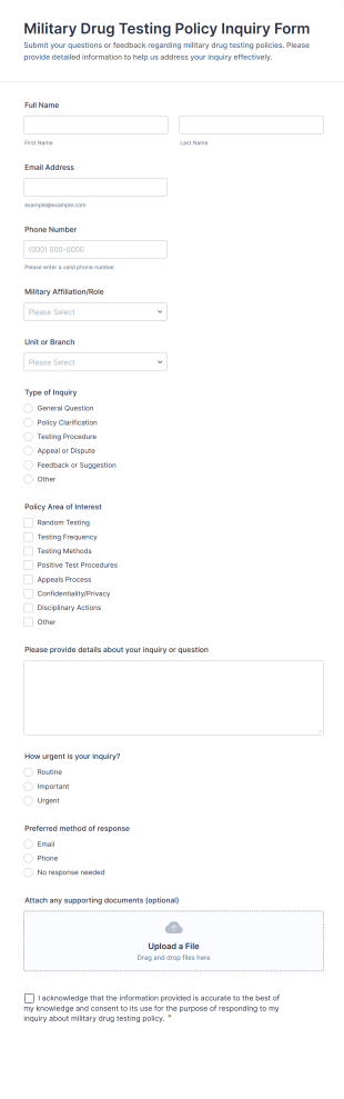 Military Drug Testing Policy Inquiry Form Template