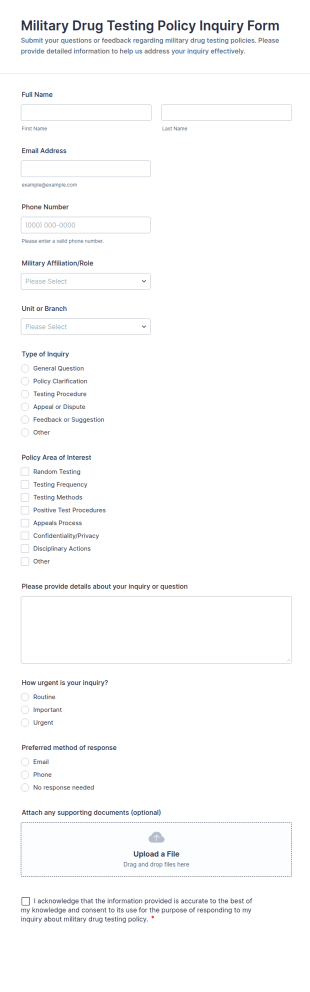 Military Drug Testing Policy Inquiry Form Template