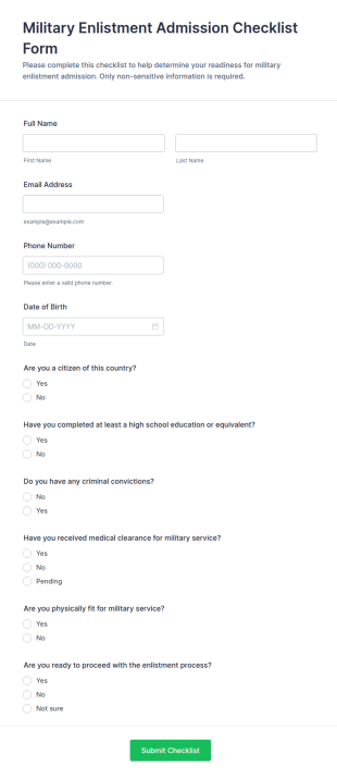 Military Enlistment Admission Checklist Form Template