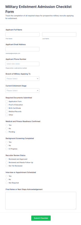Military Enlistment Admission Checklist Form Template