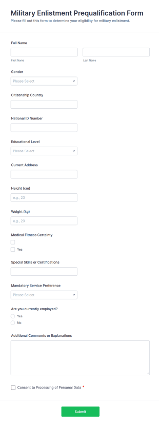 Military Enlistment Prequalification Form Template