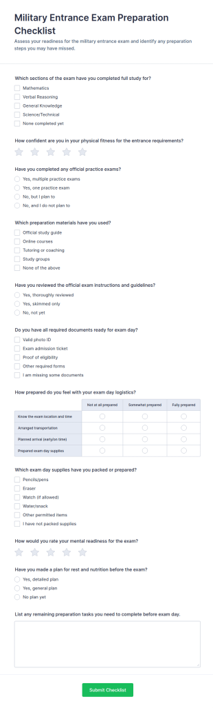 Military Entrance Exam Preparation Checklist Form Template