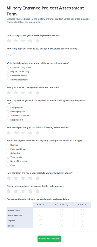Military Entrance Pre Test Assessment Form Template