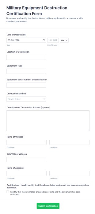 Military Equipment Destruction Certification Form Template
