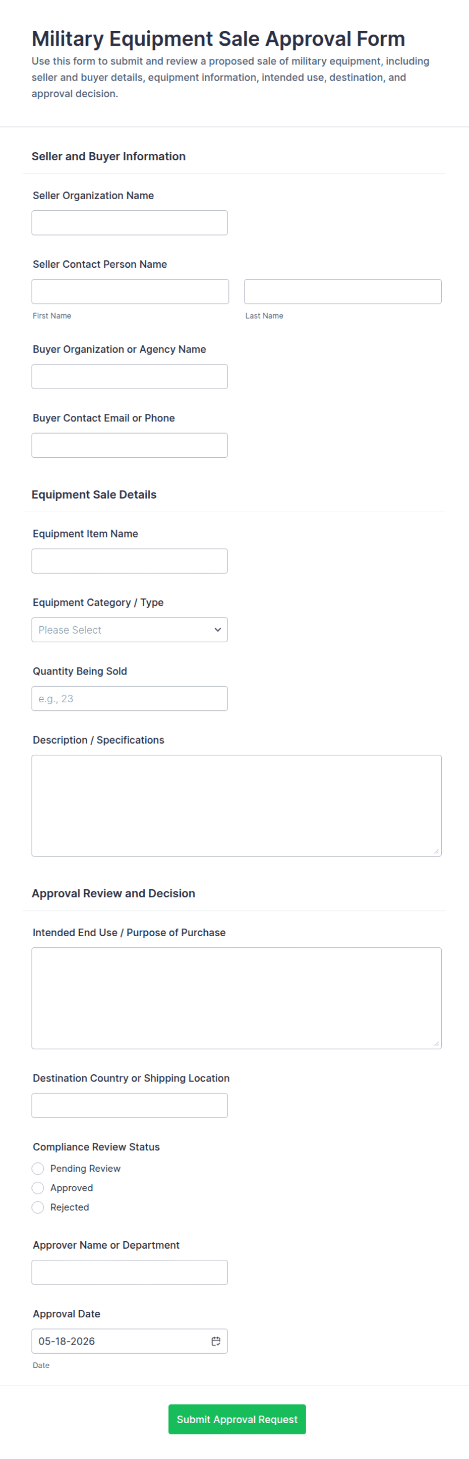 Military Equipment Sale Approval Form Template | Jotform
