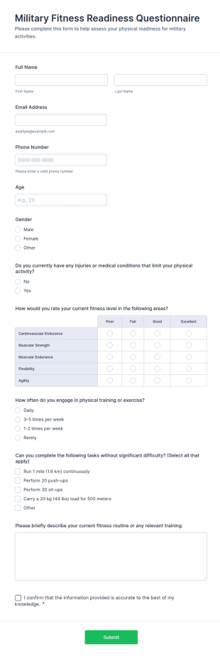 Military Fitness Readiness Questionnaire Form Template