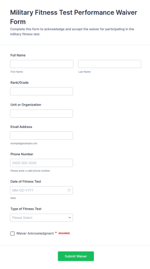 Military Fitness Test Performance Waiver Form Template