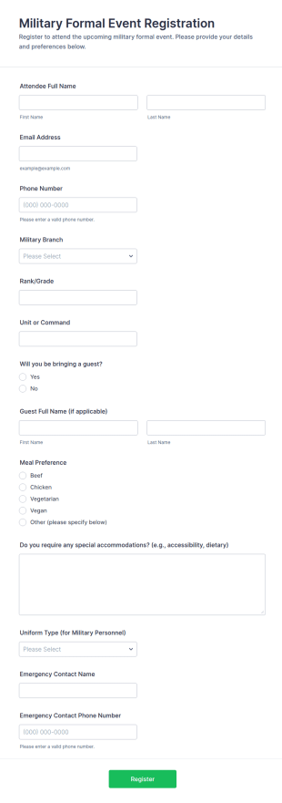 Military Formal Event Registration Form Template
