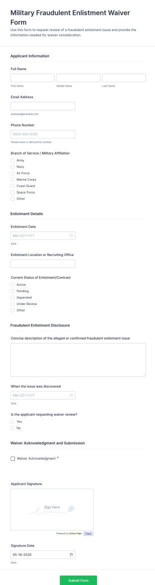 Military Fraudulent Enlistment Waiver Form Template
