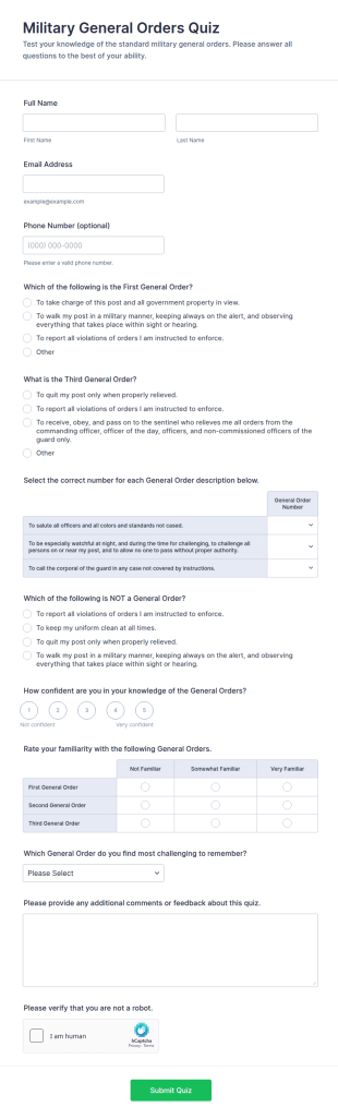 Military General Orders Quiz Form Template