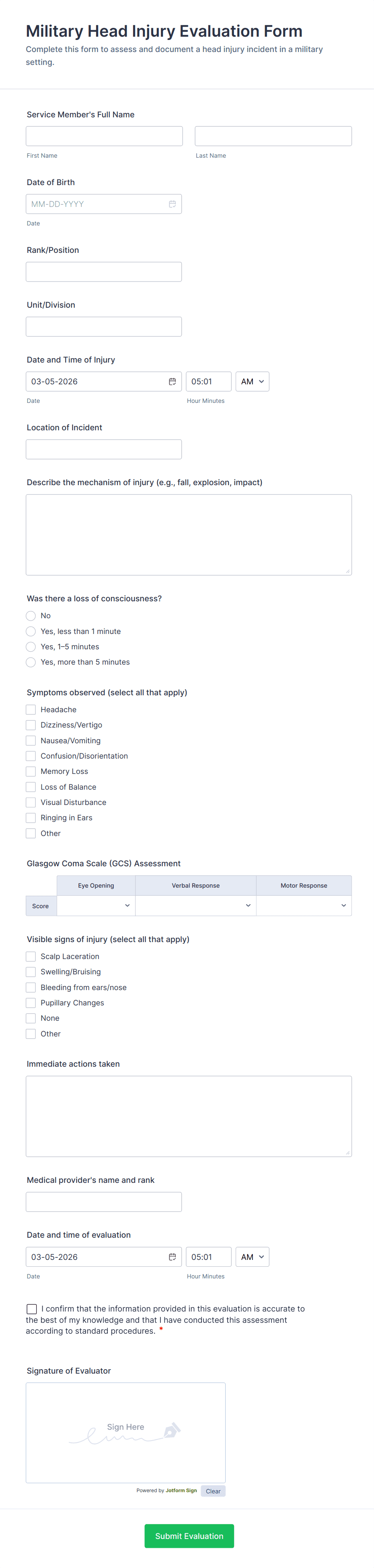 Military Head Injury Evaluation Form Template | Jotform