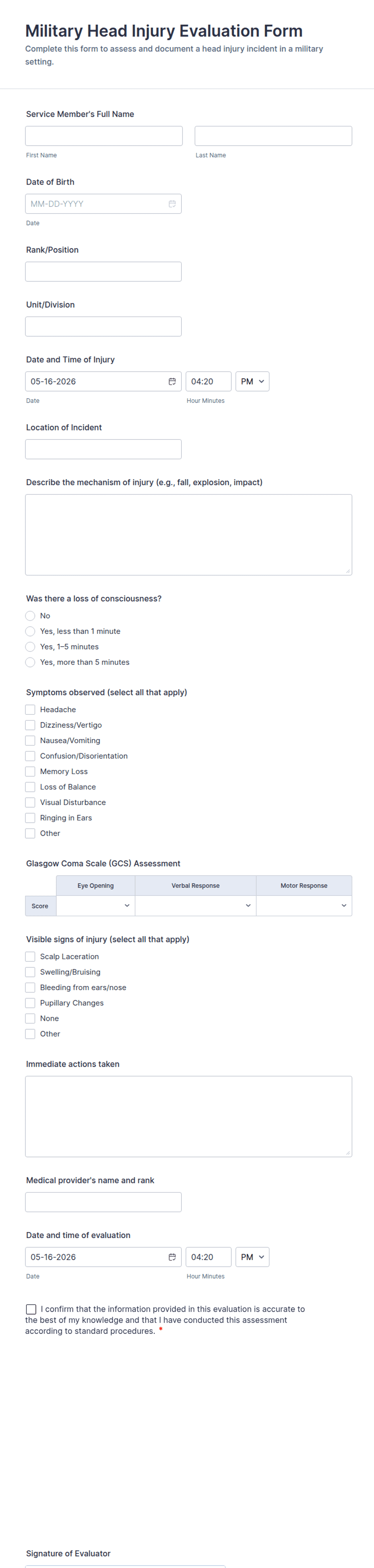 Head Injury Form.pdf Military Head Injury Evaluation Form Template | Jotform