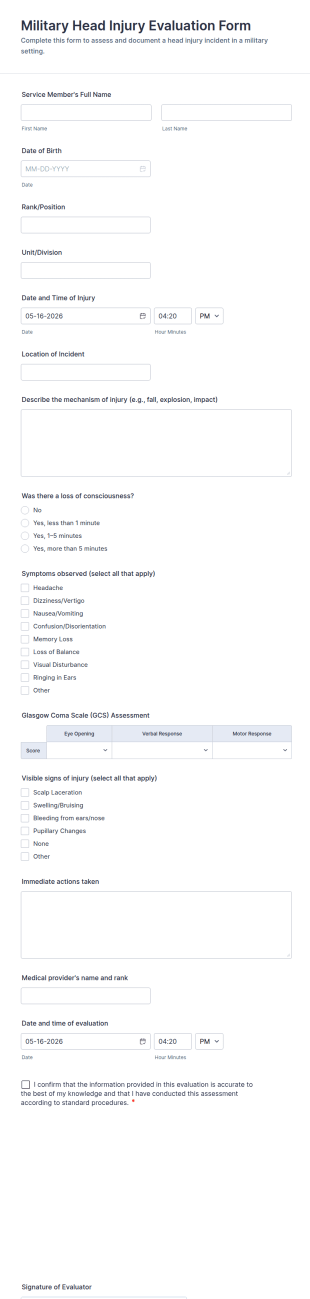 Military Head Injury Evaluation Form Template