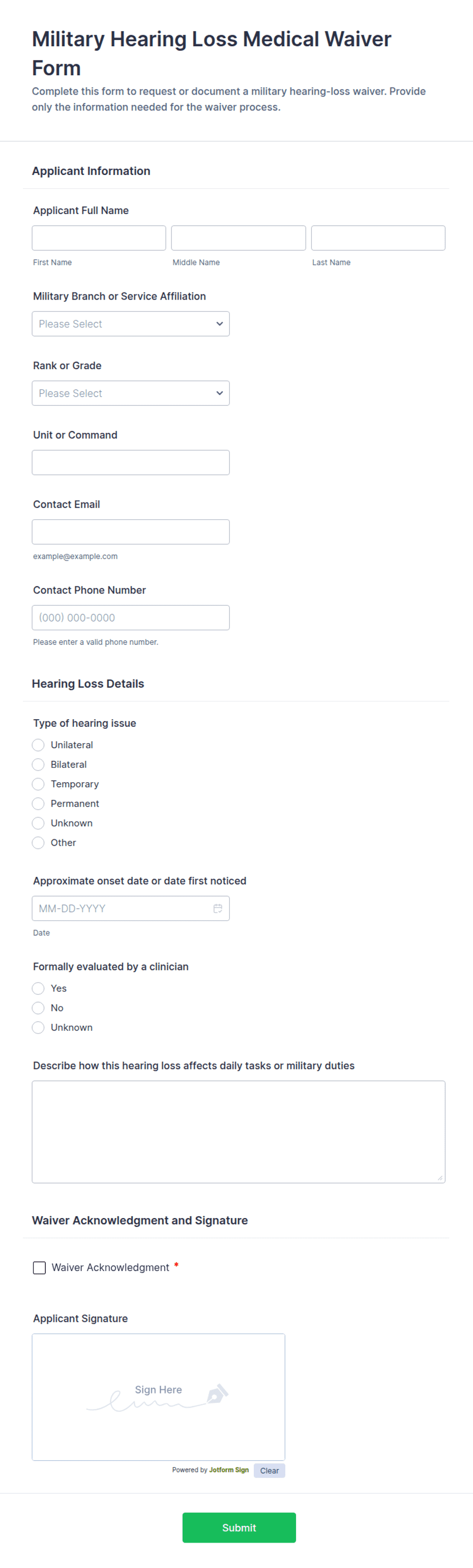 Military Hearing Loss Medical Waiver Form Template | Jotform
