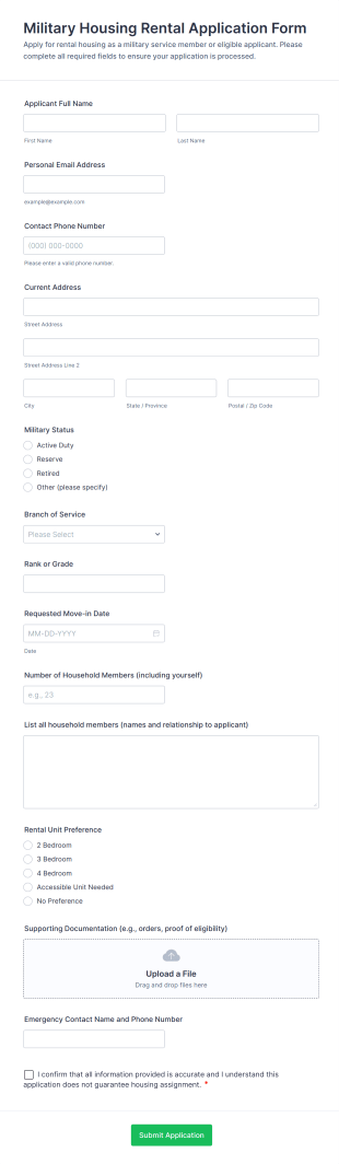 Military Housing Rental Application Form Template