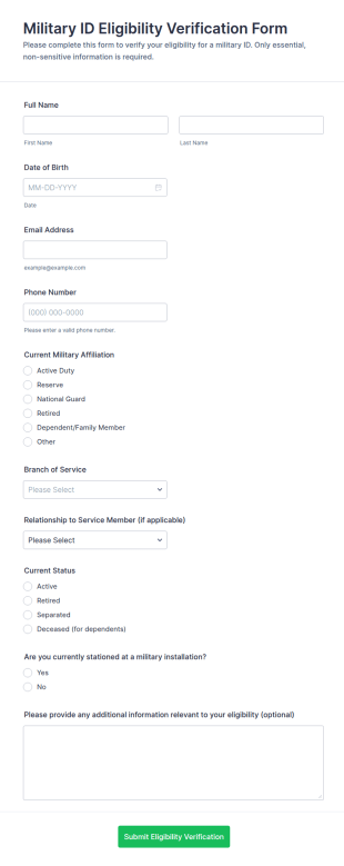 Military ID Eligibility Verification Form Template