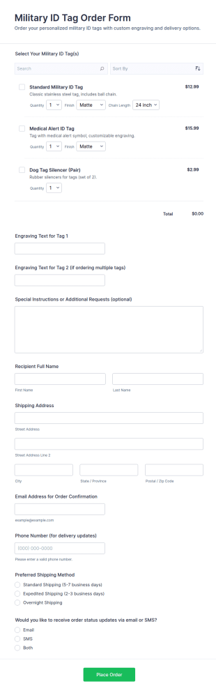 Military ID Tag Order Form Template