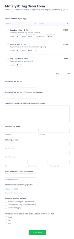 Military ID Tag Order Form Template