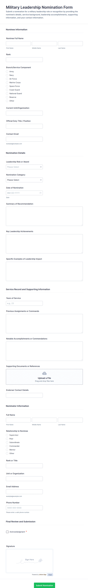 Military Leadership Nomination Form Template