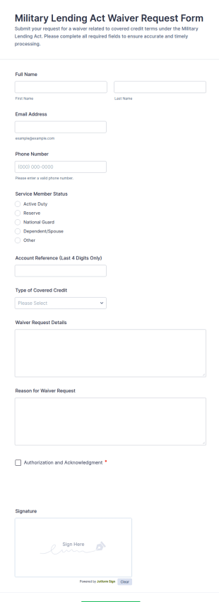 Military Lending Act Waiver Request Form Template