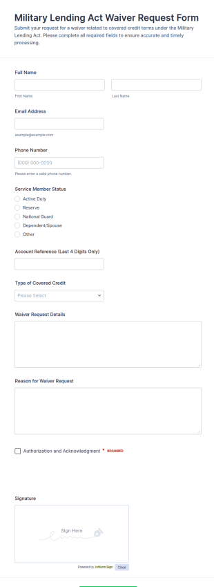 Military Lending Act Waiver Request Form Template