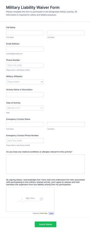 Military Liability Waiver Form Template